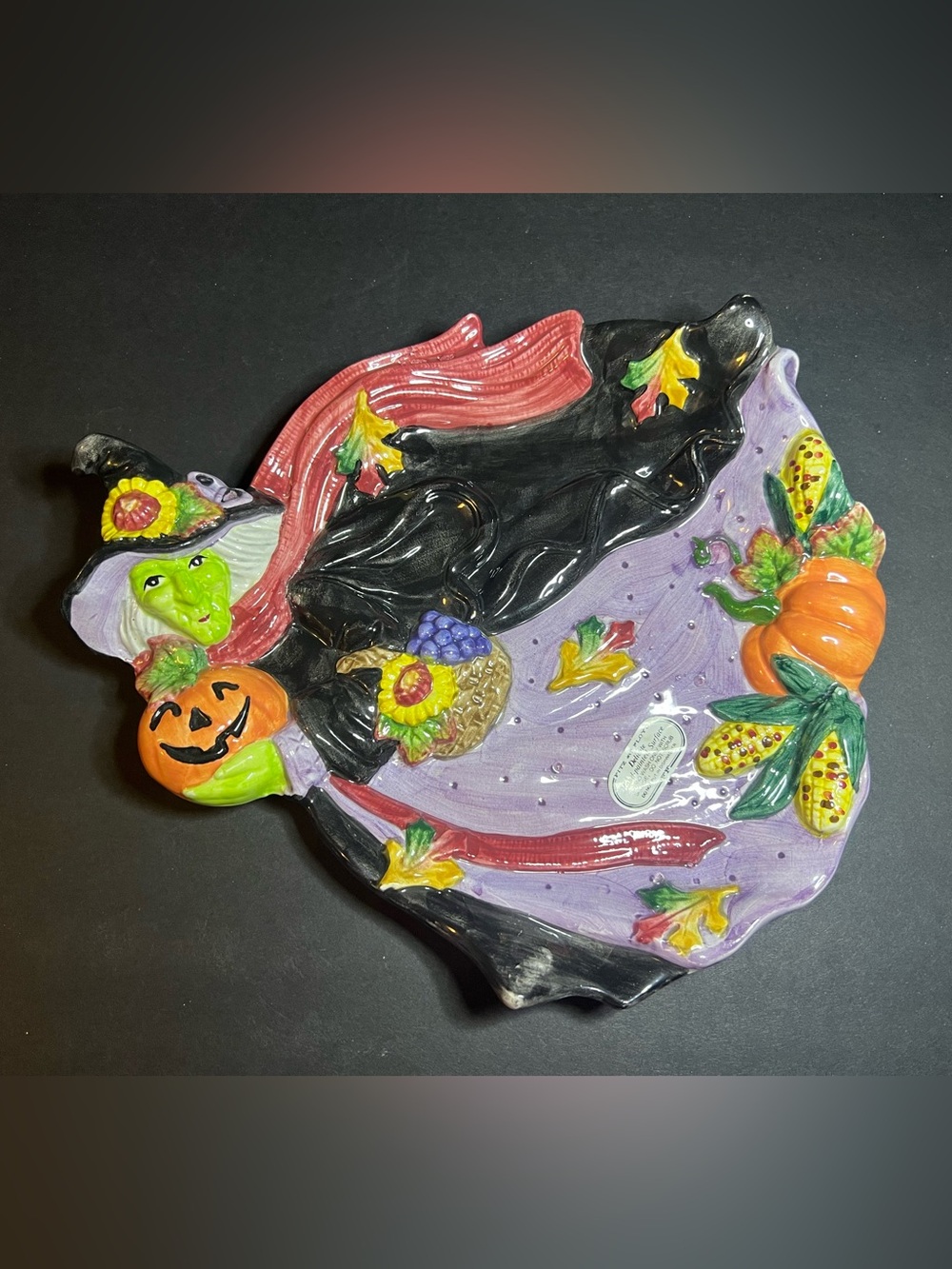 Vintage 1995 Fitz & Floyd Halloween Collectible Harvest Witch Ceramic Dish Bowl